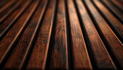 An intricate close-up of parallel dark wooden slats highlighting the textures and patterns - obrazy, fototapety, plakaty