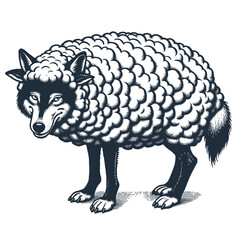 Wolf in a Sheep skin. Vintage woodcut engraving style vector illustration.