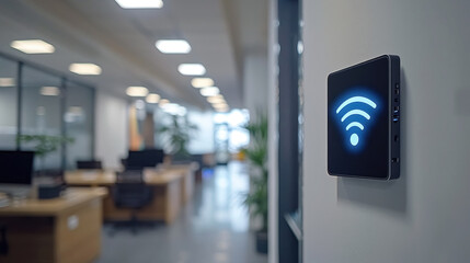 Black router with blue Wi-Fi symbol hangs on the wall of bright, well-lit modern business office, blurred background - obrazy, fototapety, plakaty