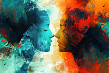 abstract color design art illustration of a man and woman in love, digital painting, Inner voice as different emotion and feeling reflections tiny person concept, inner emotions