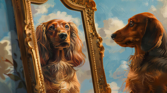 
uma foto de um Dachshund um espelho e uma pintura e o Dachshund est&aacute; se olhando no espelho enquanto pinta e a pintura &eacute; o rosto de uma namorada 
