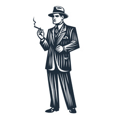 Smoking man wearing a suit Vintage woodcut engraving style vector illustration.