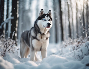 Siberian husky dog in the snow winter forest