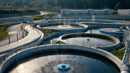 A high-resolution image showcasing a modern, futuristic water recycling facility with circular treatment tanks and clean infrastructure under a clear sky.