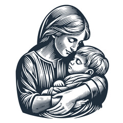 Mother with Child. Vintage woodcut engraving style vector illustration.