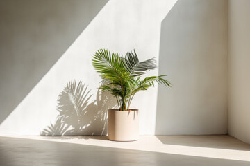 Shadow background with potted houseplant sits in a corner next to a window. Empty beige room with tropical leaves