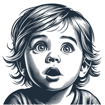 Amazed Kid. Vintage woodcut engraving style vector illustration.