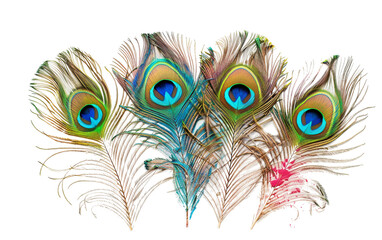 Dynamic Peacock Feathers in Holi Colors Radiant Elegance Isolated on Transparent Background PNG.
