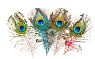 Obraz premium Dynamic Peacock Feathers in Holi Colors Radiant Elegance Isolated on Transparent Background PNG.