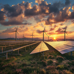Odnawialne, zielone, ekologiczne źródła energii. Turbiny wiatrowe i panele fotowoltaiczne 