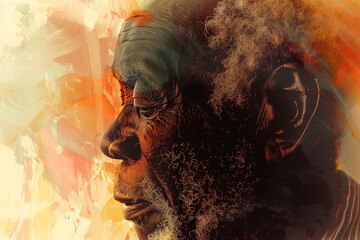 Abstract illustration of senior black african american with dementia alzheimers mental disorder, degenerative disease