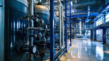 Interior of a contemporary high-tech water purification plant showcasing advanced filtration and purification technology and equipment.