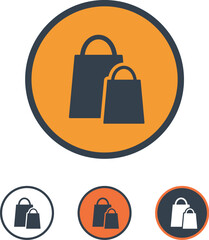 Shopping bags icon set collection in varied sizes, for retail and consumer themes, in a minimalist orange and grey palette.