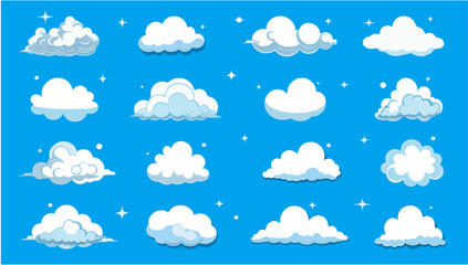 Set of clouds vector illustration. cloud, Abstract white cloudy set isolated on blue background. Cloudscape in flat style