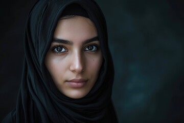 Naklejka premium A captivating portrait of a woman exuding grace and mystery while wearing a black head scarf