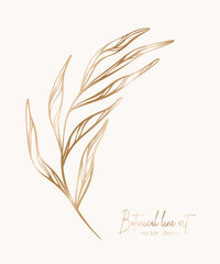 Botanical elegant golden line illustration of a leaves branch for wedding invitation and cards, logo design, web, social media and poster, template, advertisement, beauty and cosmetic industry.