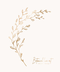 Botanical elegant golden line illustration of a leaves branch for wedding invitation and cards, logo design, web, social media and poster, template, advertisement, beauty and cosmetic industry.