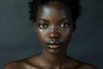 A young African woman with a striking and soulful expression wears a fake nose, embracing her alter ego with confidence and grace - obrazy, fototapety, plakaty