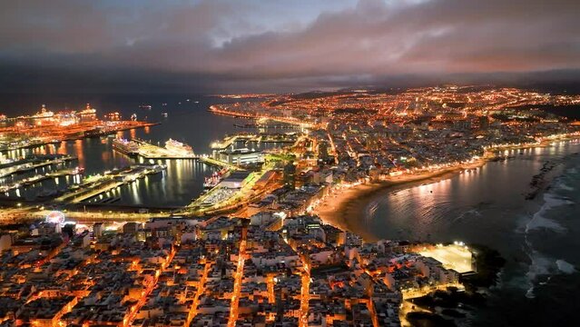 4k Aerial view of Las Palmas de Gran Canaria, the capital city of the Canary Islands. Spain. Playa de Las Canteras beach