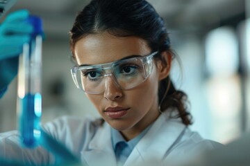 A woman in a lab coat and goggles intensely examines the standard scale x