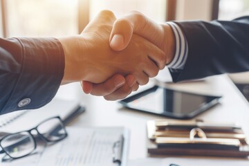 Two individuals in professional attire are engaged in a handshake in front of a desk in an office setting