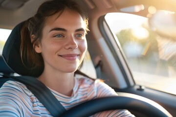 A woman exudes confidence as she sits in the passenger seat of a car, ready to embark on a new adventure