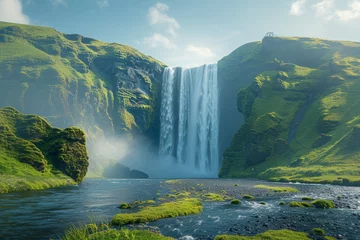 Foto auf Alu-Dibond A tall waterfall plunging into a lush green valley, a natural wonder. Generative Ai. © Sebastian