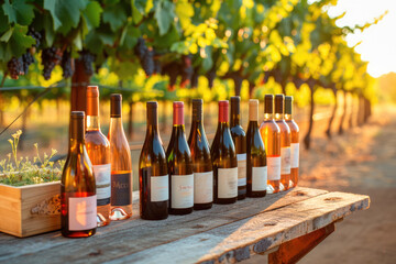 An array of wine bottles displayed on a rustic table amidst a vineyard, bathed in the golden light...