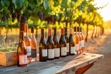 Fotobehang An array of wine bottles displayed on a rustic table amidst a vineyard, bathed in the golden light of dusk. © Александр Марченко