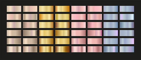 Gold rose, silver, holographic, bronze and golden foil texture gradation set. Vector shiny hologram and metallic gradient collection
