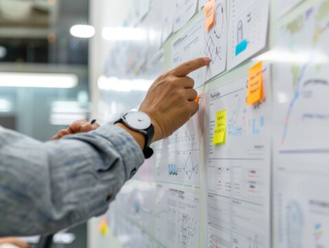 Close-up of a business professional's hand placing sticky notes for strategic planning on a whiteboard covered in charts and graphs during a team meeting.
