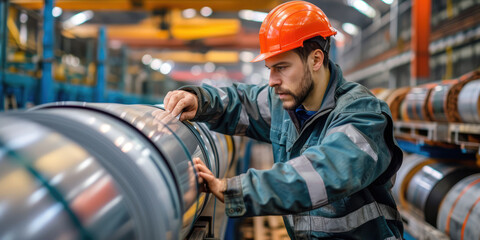 Focused brewery worker in safety gear inspecting steel beer kegs in an industrial storage facility.