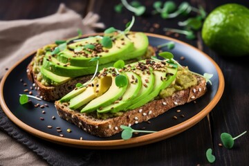 Avocado toast with flax seeds and microgreens on wooden background. Avocado Toast. Healthy food concept with copy space. Vegan Food Concept with copy space. - Powered by Adobe