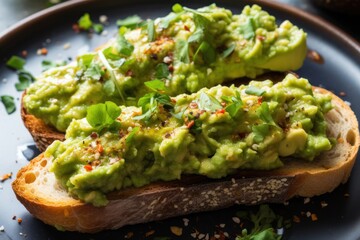 Avocado toast with cilantro, olive oil and parsley. Avocado Toast. Healthy food concept with copy space. Vegan Food Concept with copy space.