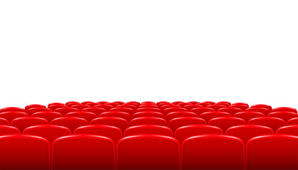 Rows of red cinema or theater seats in front of transparent background. Vector.