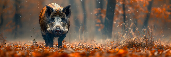  Portrait of a Wild Boar in the Foggy Forest ,
A close up of a pigs face with a pink nose  - obrazy, fototapety, plakaty