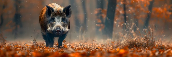 Fotobehang  Portrait of a Wild Boar in the Foggy Forest , A close up of a pigs face with a pink nose  © sardar