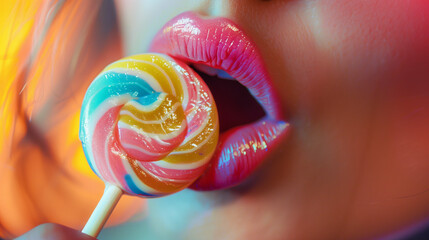 A close up of a woman with the love of candy, is enjoying a swirl lollipop bursting with color and flavor. - obrazy, fototapety, plakaty