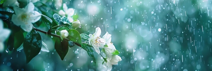 white flowers are surrounded by the rain Generative AI