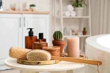 Bathing supplies on table in bathroom