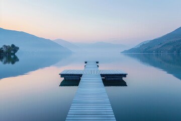 Symmetrical wooden pier leading into a placid lake with hazy mountain views at dusk. Serenity and...