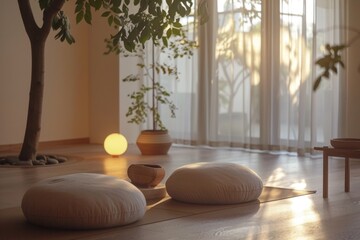 Zen meditation space in a room with wooden floor, cushion, small table, and indoor plants in pots. Tranquil morning light through sheer curtains concept. Design for peaceful lifestyle, mindfulness