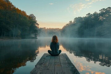 Person sitting on a wooden pier in a meditative pose, overlooking a misty lake surrounded by autumn...