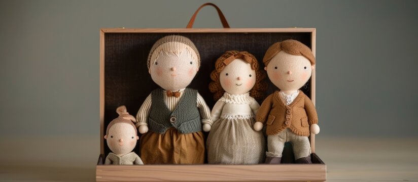 A handcrafted set of plush toys depicting a family of three dolls - parents and a child - nestled in a quaint wooden box. The dolls are carefully designed with intricate details, adding a touch of