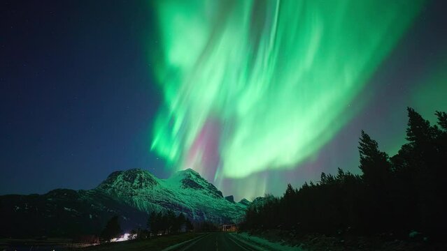 A massive and colorful aurora dancing above the mountains at the end of a road in Steigen on March 3rd, 2024.