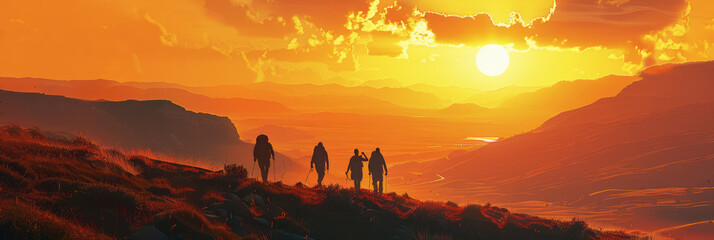 group of friends hiking in mountains at sunset, in the style of human-canvas integration