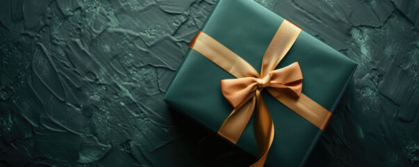 An elegant dark teal gift box with a luxurious gold ribbon on a textured dark background with golden specks.