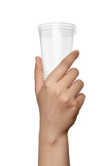 Woman holding plastic cups on white background, closeup