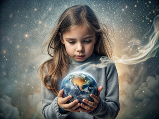 Naklejka premium Girl holding the earth in her hands.