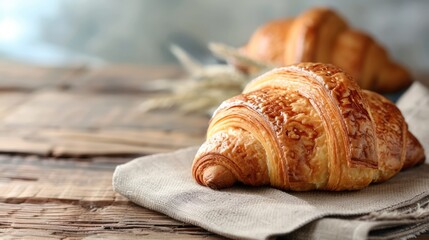 French croissant on a napkin on wooden table banner with copy space